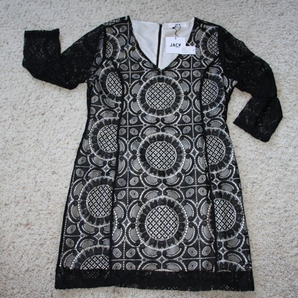 JACK by BB DAKOTA BLACK CREAM OVERLAY LACE DRESS JG48730 3/4 SL SZ 10 WOMEN NWT